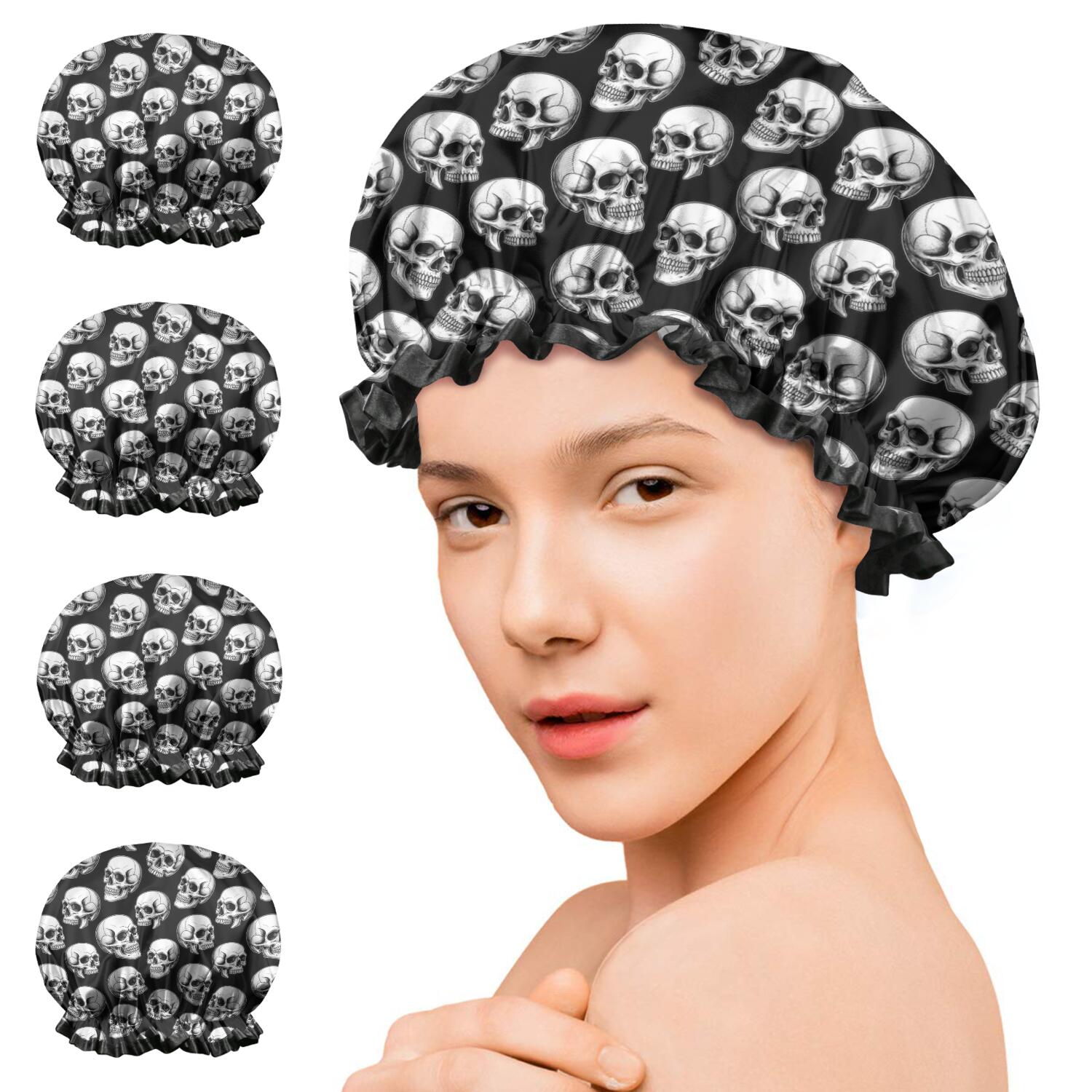 Shower Caps,Black White Skull Pattern Waterproof Shower Cap for Women 4 Pieces,Double Reusable Hair Cover for Shower PEVA Elastic Stretch Hem