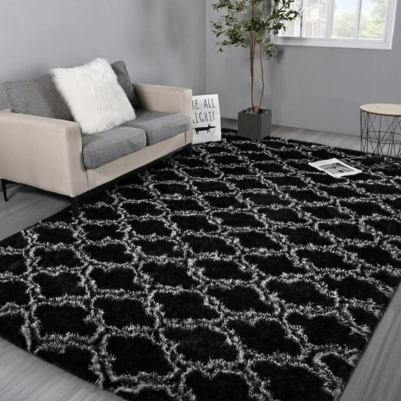 Brochao 5'x8' Geometric Shag Area Rug for Living Room, Diamond Indoor Area Rug, Fluffy Carpet Plush Rug, Soft Home Floor Bedroom Carpet, Black