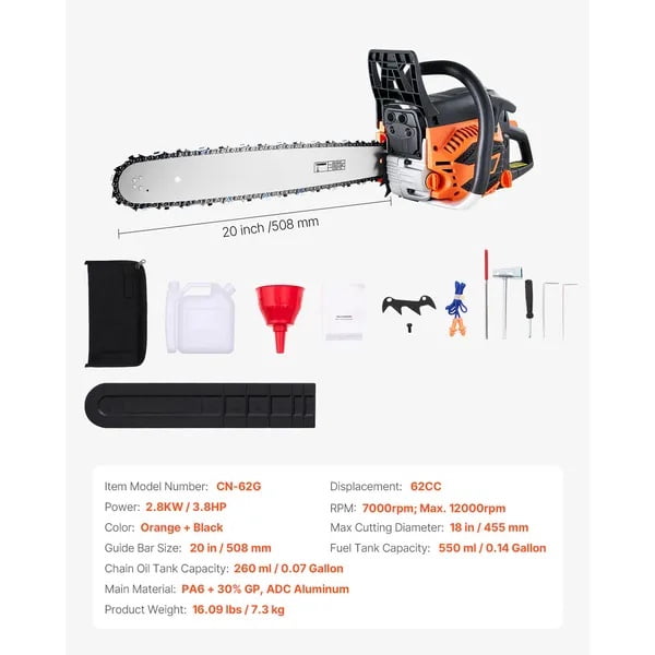 62 cc Gas Chainsaw, 20 inch Gas Powered Chainsaw, 3.8 HP Power Chain Saw with Non-Slip Handle, Gas-Powered Chainsaws with Dual Fuel Tanks, For Wood Cutting, Tree Trimming, and Land Clearing