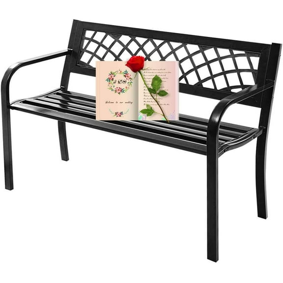 Patio Bench Park Bench Outdoor Bench Garden Bench Metal Pack Bench with Armrests 480lbs Cast Iron Sturdy Steel Frame Furniture Chair for Porch Entryway Lawn Decor Deck, Black