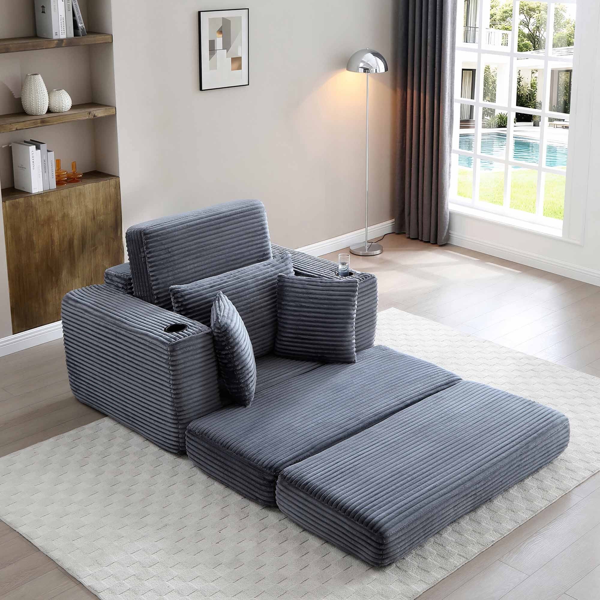 Lunale Boneless Chaise Lounge Chair with Ottoman, 52" Oversized 3-in-1 Convertible Sofa Chair for Living Room, Gray Corduroy