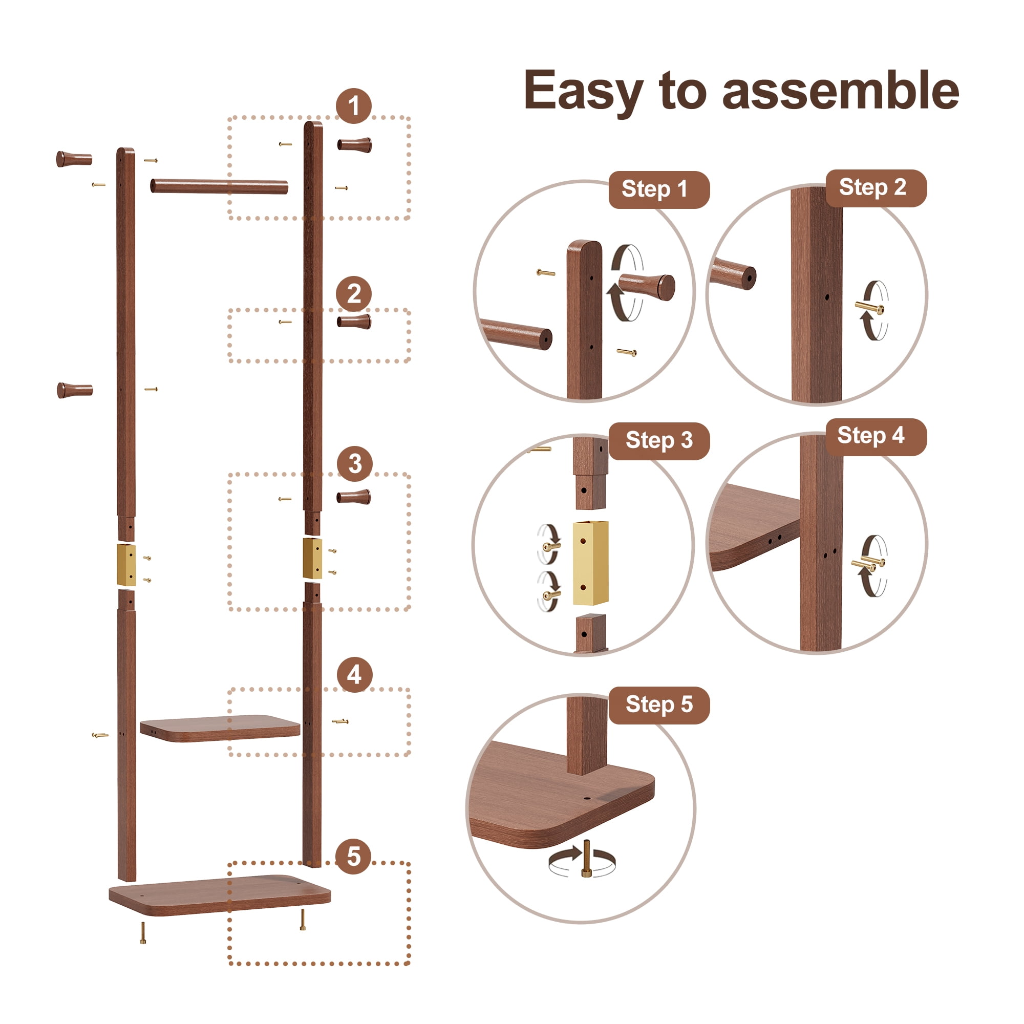 GARITIN Coat Rack and Hall Tree 23.6 Inch, Solid Wood Freestanding Coat Stand with Hooks for Entryway Living Room Bedroom, Walnut