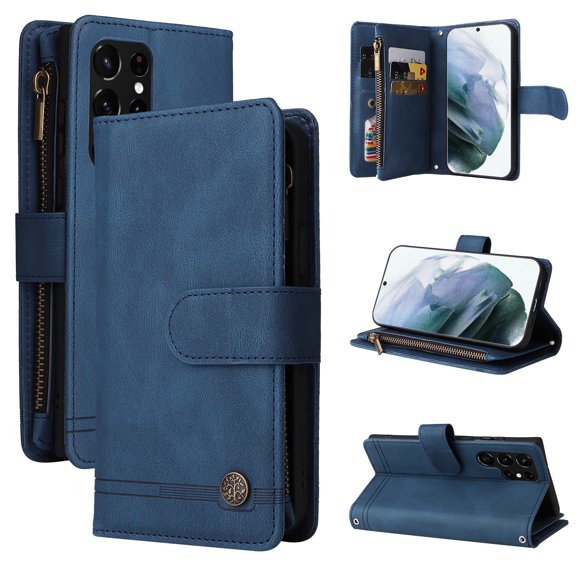 Compatible With Samsung Galaxy S22 Ultra Wallet Case Full Coverage Dustproof Dual Layer Card Pockets Kickstand Crossbody Lanyard Shockproof Synthetic Leather Lightweight Luxury Phone Cover,Blue