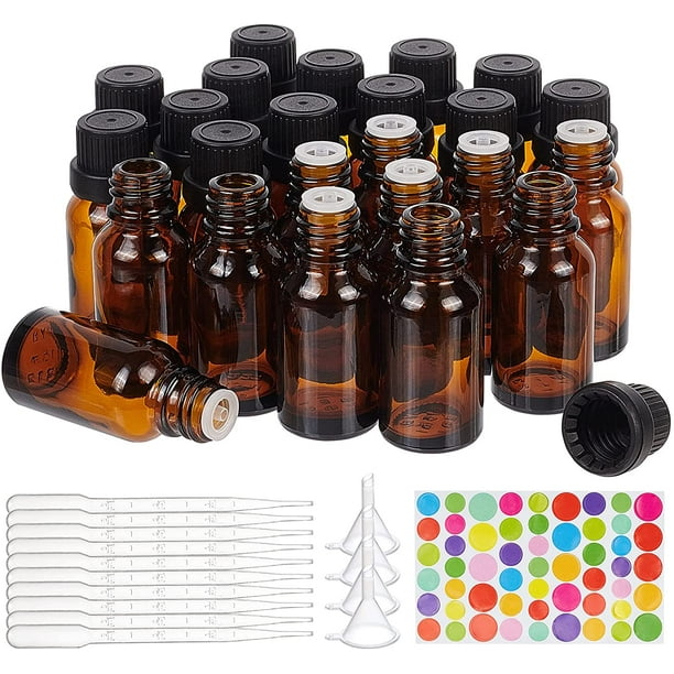 Paquete de 24 frascos de vidrio marrón de 15 ml para aceites esenciales, rellenables, con goteros de plástico, embudo, tolva y pegatina.