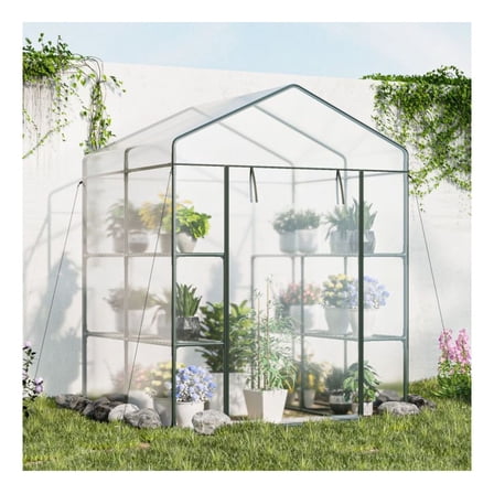 Walk-in Greenhouse 4 Tier 8 Shelf PVC Plant Grow House Roll-up Door Outdoor Gardening