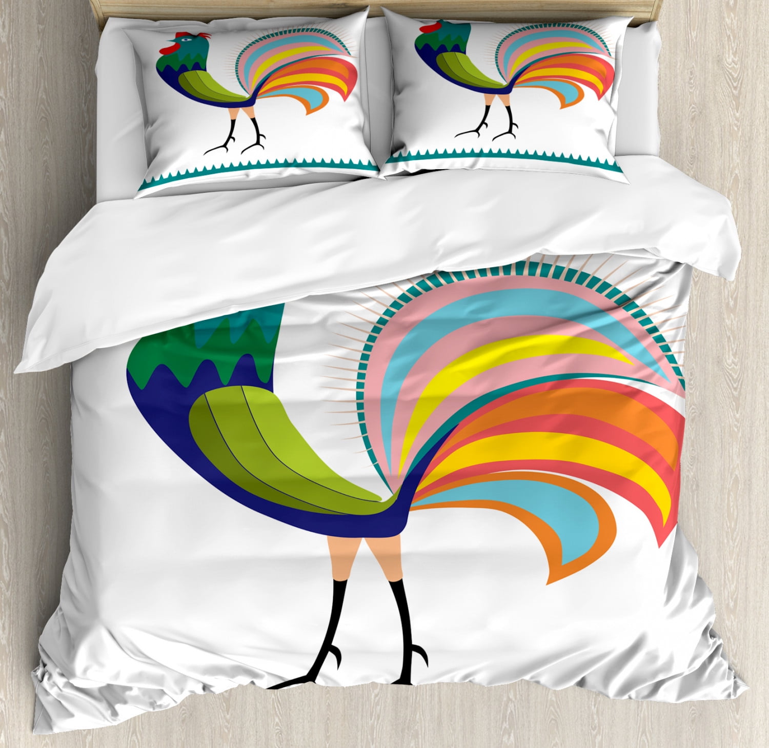 Folk Art Duvet Cover Set King Size, Colorful Design Rooster Side View
