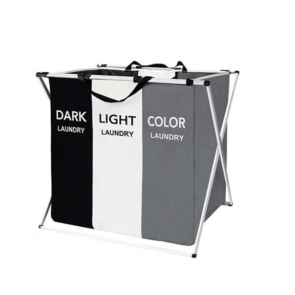 ikaufen Laundry Basket, 3 Compartments Foldable Laundry Basket with Aluminum Bracket, Washing Basket for Laundry