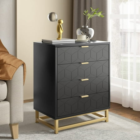 

Litake 4 Drawer Dresser Storage Cabinet Organizer Unit for Bedroom Living Room Closet Entryway Nursery Bedside Table [Golden Handle] [Golden Base] [Diamond Style] Black