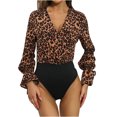 thumbnail image 2 of BLTIBY Long Sleeve Bodysuit for Women Leopard Printed Thong Jumpsuit Tummy Control Seamless Shapewear V Neck Fashion Bodysuits Khaki XL, 2 of 9