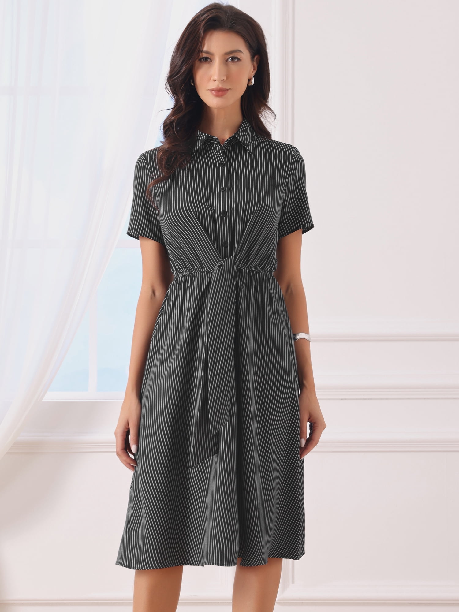 DARING DIVA Women's Lapel Striped Collared Tie Waist Button Down Work Dresses S Black