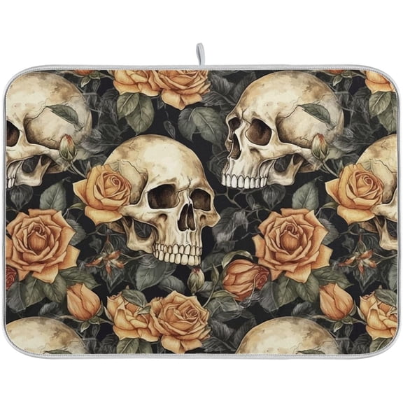 FREEAMG Dish Drying Mat for Kitchen Counter, Watercolor Skull Roses Drying Matt Kitchen Counter Super Absorbent Dish Drainer Mat Coffee Mat Fast Drying Mat,18x24 Inch