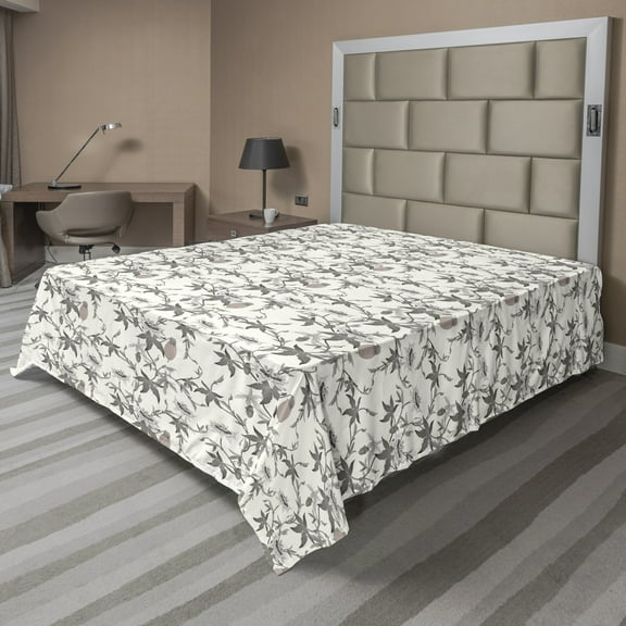 Floral Flat Sheet, Close up Pattern of Botanical Leaves and Herbs in Greyscale, Soft Comfortable Top Sheet Decorative Bedding 1 Piece, 6 Sizes, Dark Eggshell Dimgray, by Ambesonne