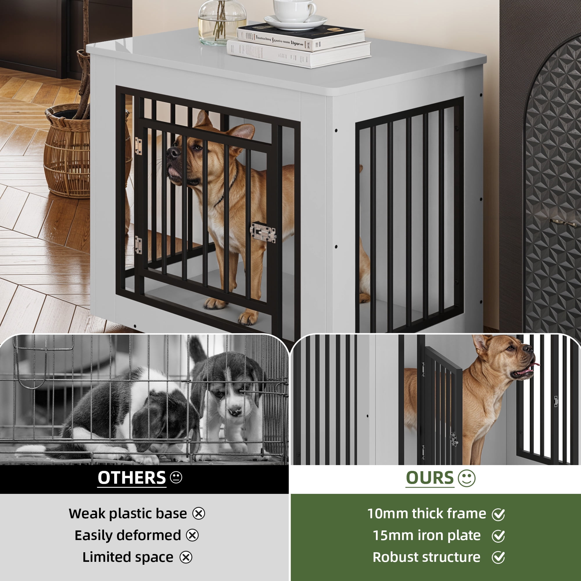 Uforic 30.1" Dog Crate Furniture, 2-in-1 Iron-Wood Indoor Dog Cage with Lockable Door, Safety Corners, and Waterproof Top, White