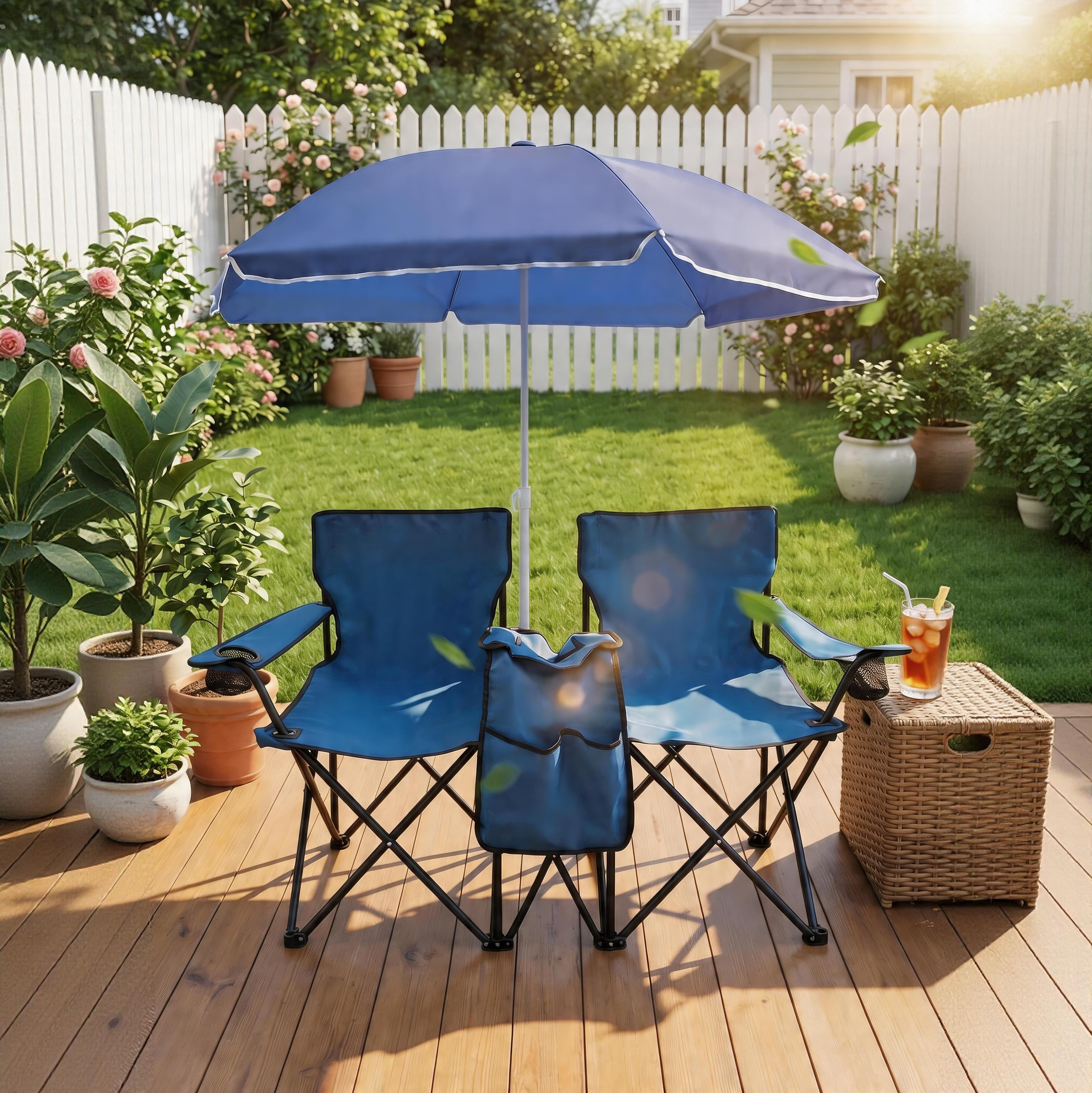 Beach Chair Set with Umbrella Tiltable and Cooler Bag for Outdoor Picnic