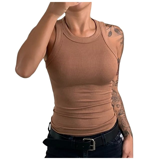 MIASHUI Women Tank Top Sleeveless Ribbed Basic Shirt Summer Casual Going Out Clothes,Coffee,M