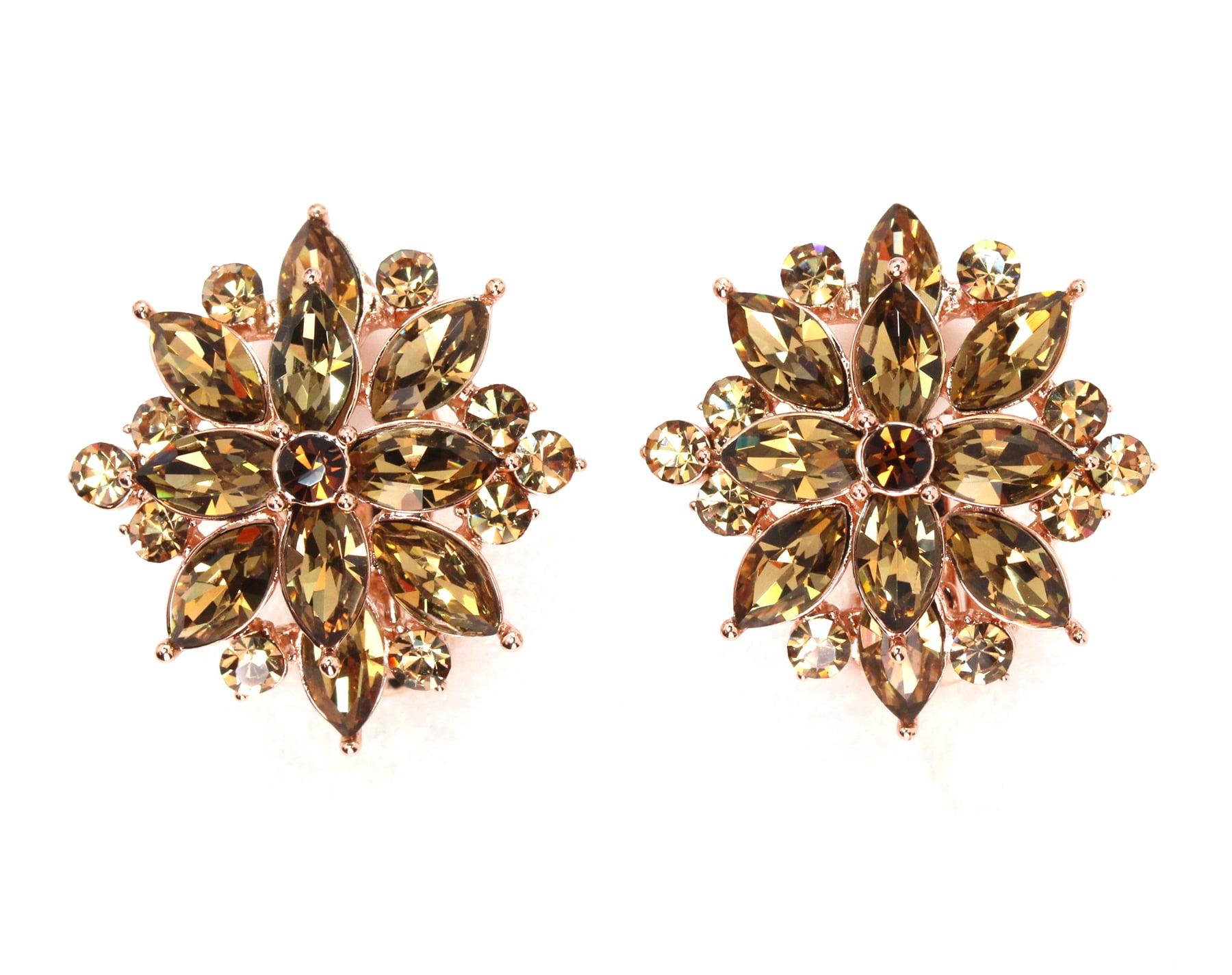 Faship Gorgeous Smoked Topaz Rhinestone Crystal Floral Clip On Style Earrings