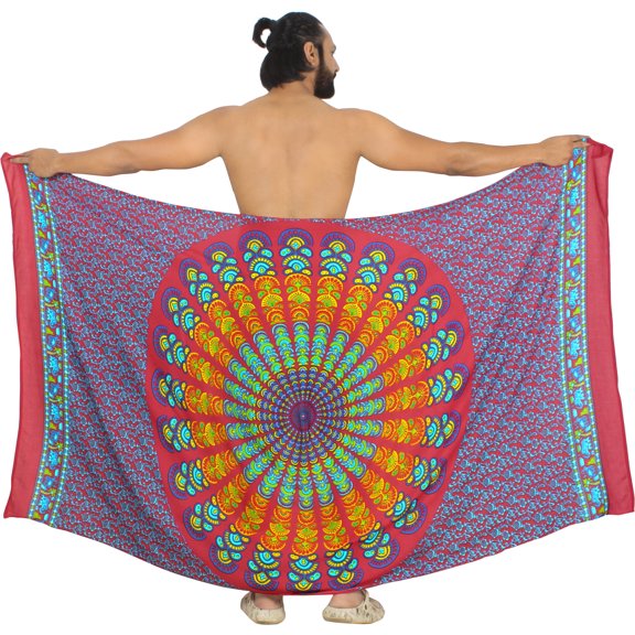 HAPPY BAY Men's Bath Trunk Swimsuits Sarong Pareo Beach Wrap One Size Crimson, Mandala Summer Vacation Party