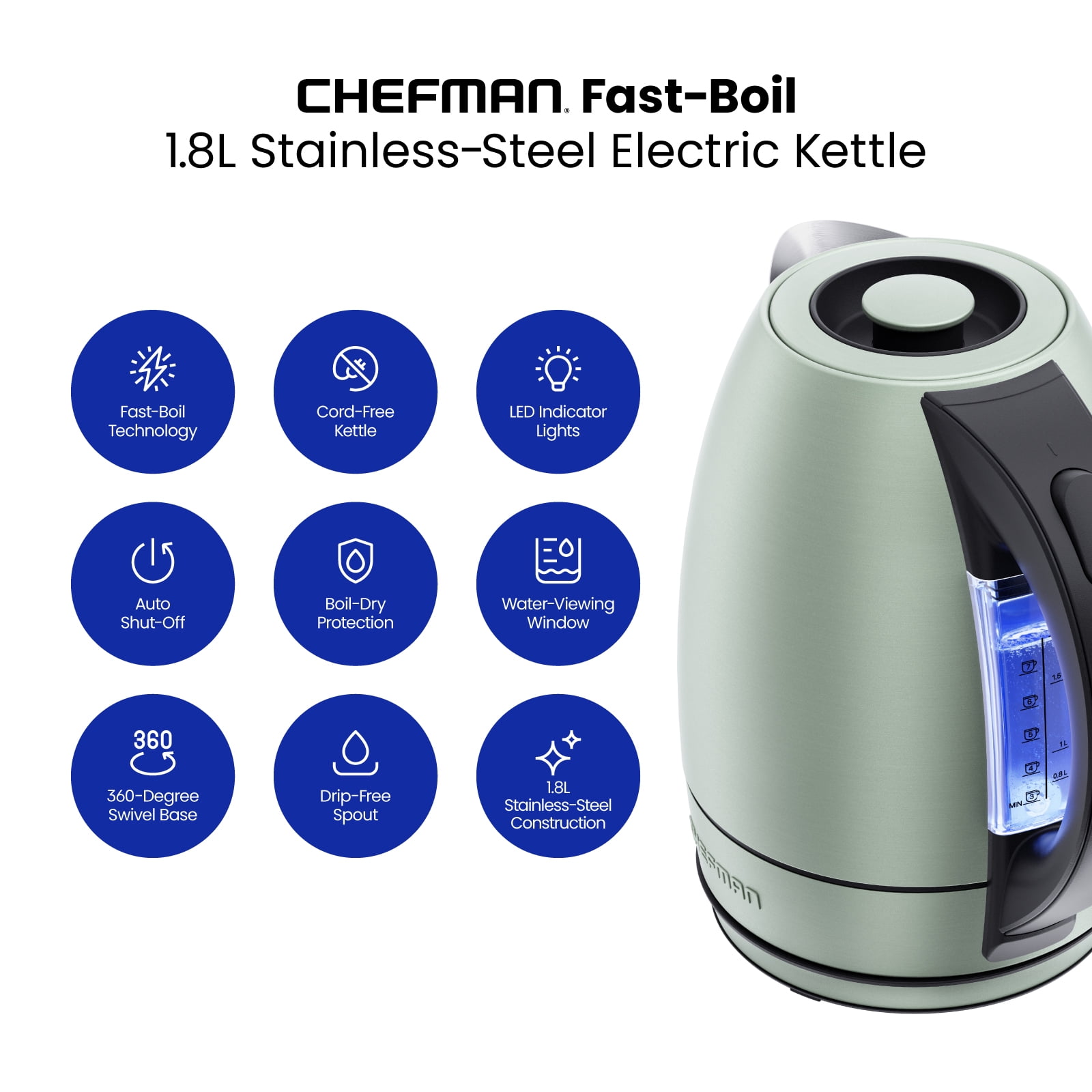 Chefman 1.7L Electric Kettle w/ Automatic Shutoff, LED Lights - Green Stainless Steel, New