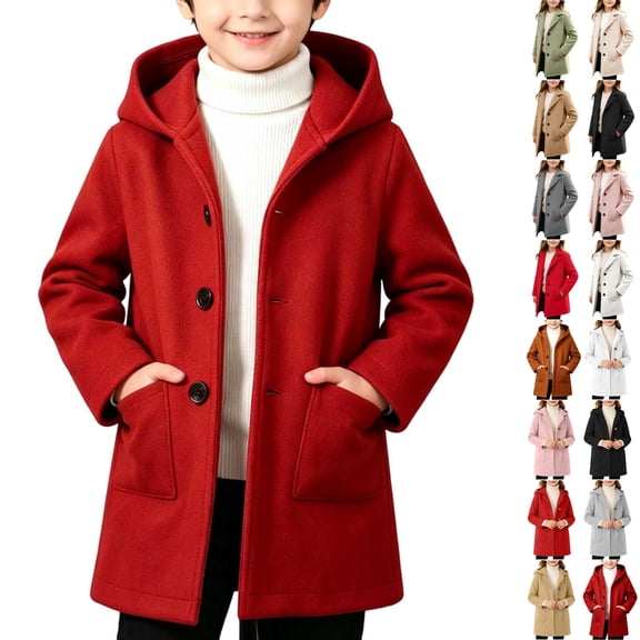 Husipze Kids Mid Length Trench Coat Single Breasted Wool Blend Peacoat Hooded Warm Overcoat Classic Winter Coat Red 2-3 Years