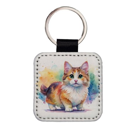 Munchkin Cat Watercolor Style Faux Leather Square Keychain