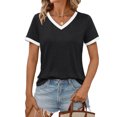 thumbnail image 2 of LWavelet Women's Color Block T-Shirt Short Sleeve Tops V-Neck Contrast Trim Casual Basic Tee Black S, 2 of 3