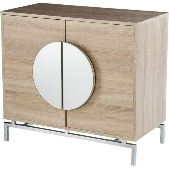 Pemberly Row Modern Mirror Panel Wooden Bar Cabinet in Natural