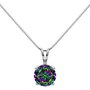 14K Solid White Gold Pendant Necklace | Round Cut Rainbow Mystic Cubic Zirconia Solitaire | 2.0 Carat | 16 Inch .60mm Box Link Chain | Everyday Elegance