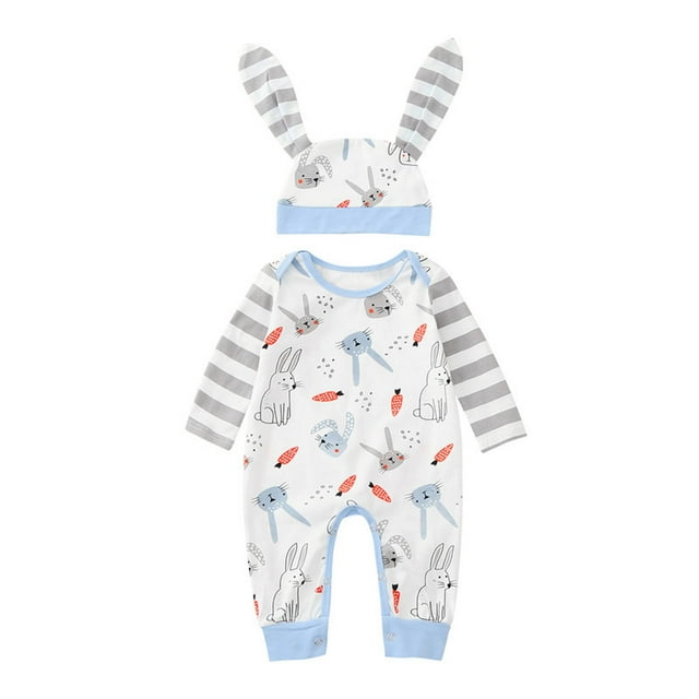 Barboteuse Bebe Garçon Baby Infant Spring Summer Rabbit Carrot Print Striped Cotton Bodysuit + Matching Hat 2 Piece Set Combinaison Bebe Blue 18 Months-24 Months