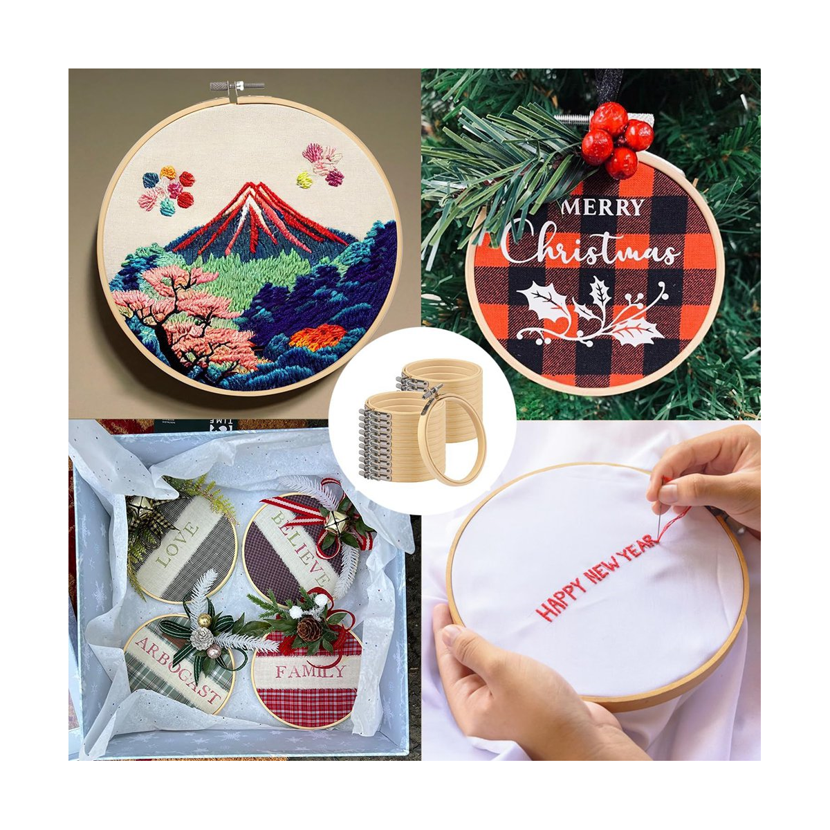 15PCS Bamboo Embroidery Hoops Set, 12 Inch Embroidery Hoop Adjustable in Bulk for Needlework, Sewing and Crafts
