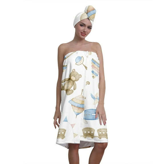 Colevkie Women's 2 Pieces Bath Wrap Towel and Hair Drying Cap Set Adjustable Quick Drying Beach Towel Shower Cap Bath Skirt for Bathroom Spa Sauna Printed Cartoon Toys Pattern