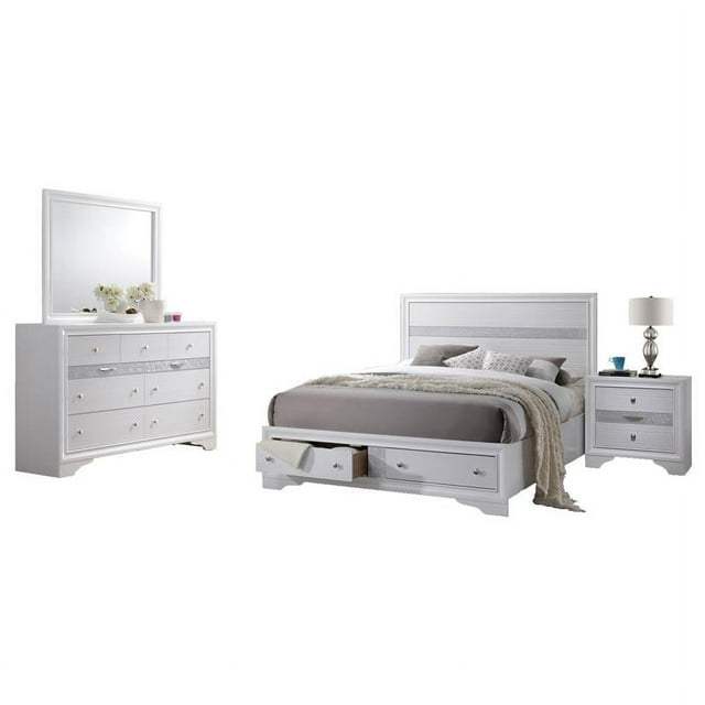 Chic White Wood 4 Piece Bedroom Set with Full Size Platform Bed