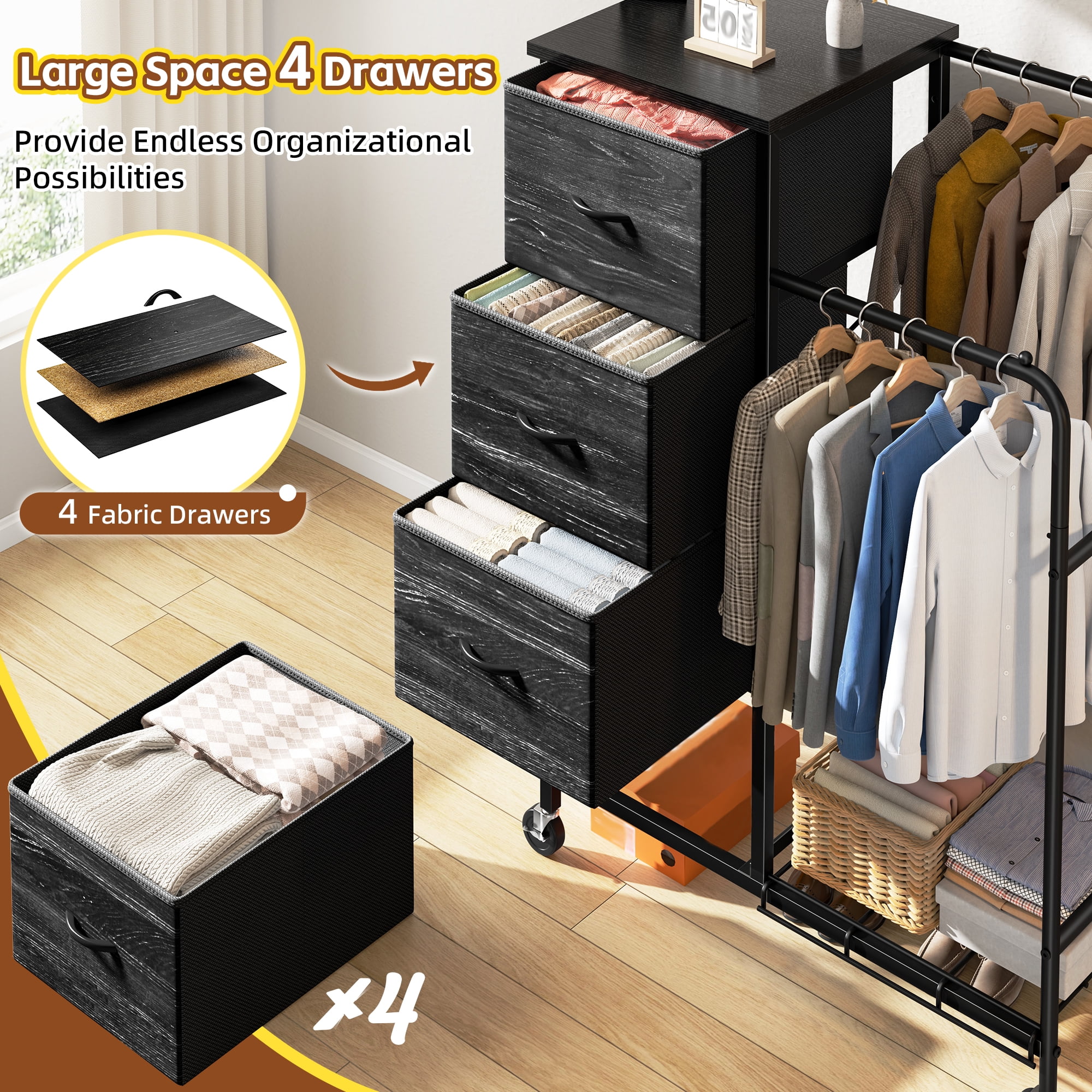 EnHomee Fabric Dresser with 2 Hanging Racks Small Dresser with 4 Drawers for bedroom Small Closet with Clothes Rack, Black