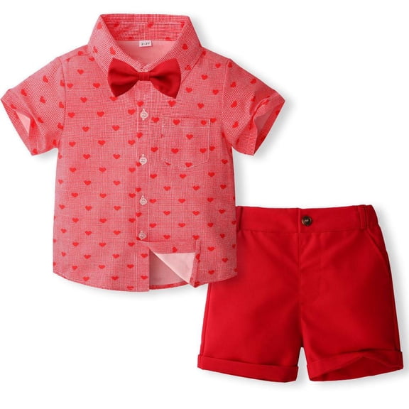 BXSRUTA Boys 1-5 Years 2 Piece Short Sleeve Collar Shirt with Bow Strap Shorts Set Casual Soft Breathable Toddler Outfit