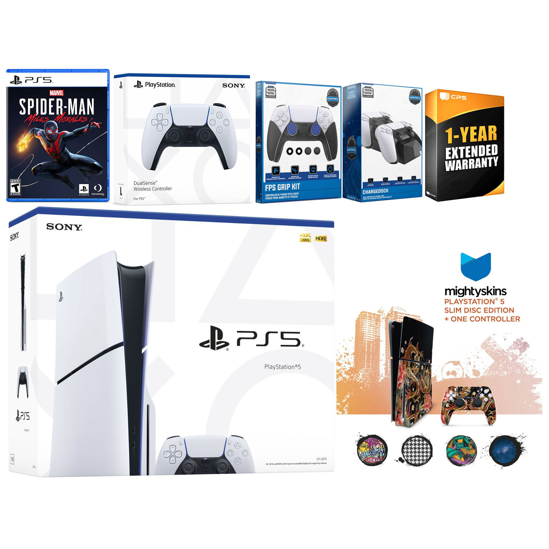 Sony Playstation 5 Slim Disc with Spider-Man: Miles Morales, Extra White Controller, FPS Grip Kit, Charge Dock and MightySkins Decal Voucher + 1 Year CPS Extended Warranty