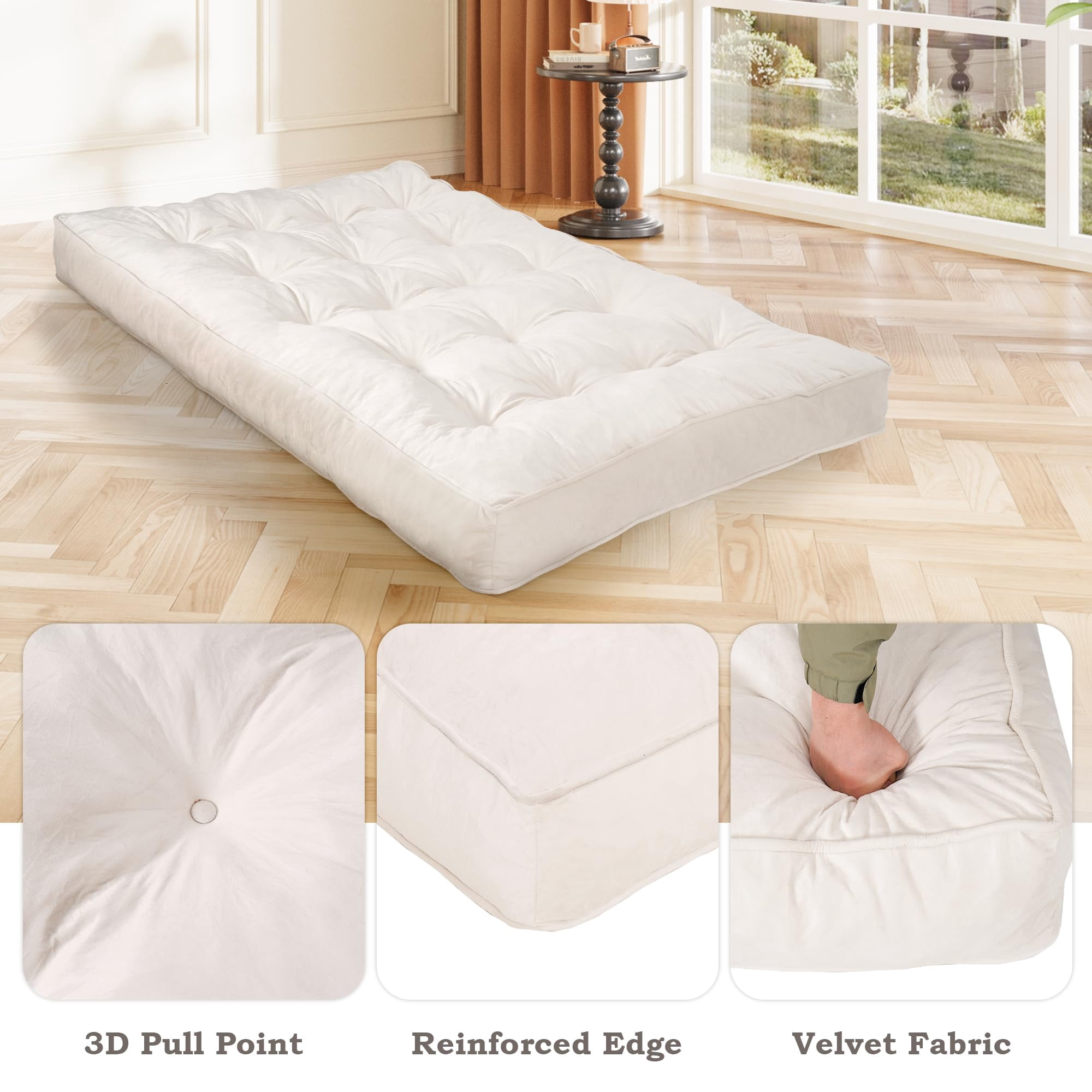 8-inch Futon Mattress Full Size, Thick Futon Sofa Couch Bed Foldable Floor Sleeping Pad for Adults, Ultra-Soft Foam Floor Bed Mattress, Portable Velvet Tatami Mat, (Frame Not Included), White