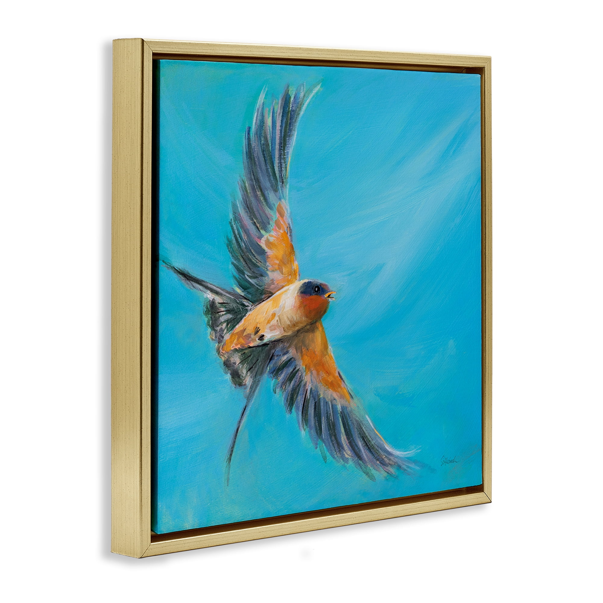 Stupell Industries Soaring Bird on Blue Animals & Insects Painting Gold Floater Framed Canvas Art Print Wall Art, 18 x 18