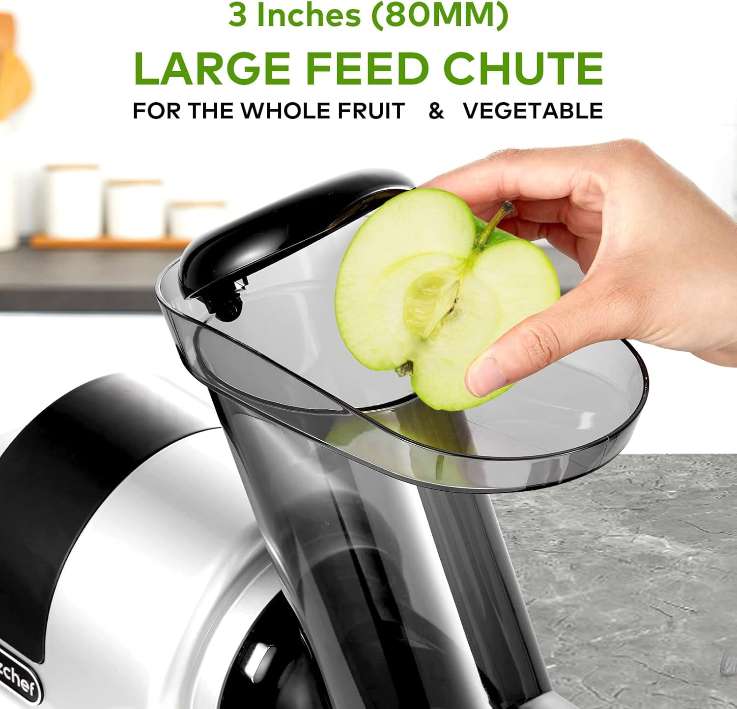 AMZCHEF 5-in-1 Cold Press Masticating Juicer with 3" Wide Feed Chute, Slow Juicer Machine with Meat Grinder, Vegetable Slicer & Snow Cone Maker, Easy to Clean, Stainless Steel