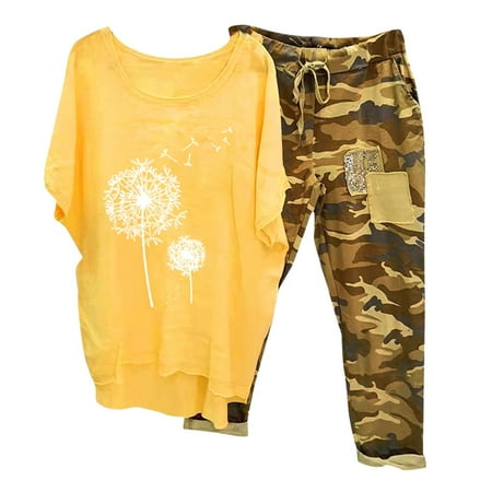 yardsong Camo 2 Piece Outfits for Plus size Women Summer Outfits Two Piece Linen Capris Set Casual Dandelion Print Linen Shirt and Capri Pant Set 2024 Yellow XL