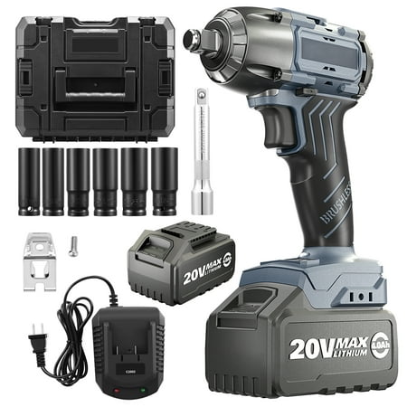 

BIGFELIZ Cordless Impact Wrench 1/2 inch Electric Brushless Impact Wrench 2800RPM/2300RPM High Torque Impact Gun 475Ft-lb/650Nm with 2 * 4000mAh Removable Battery 6 Sockets Fast Charger Extension R