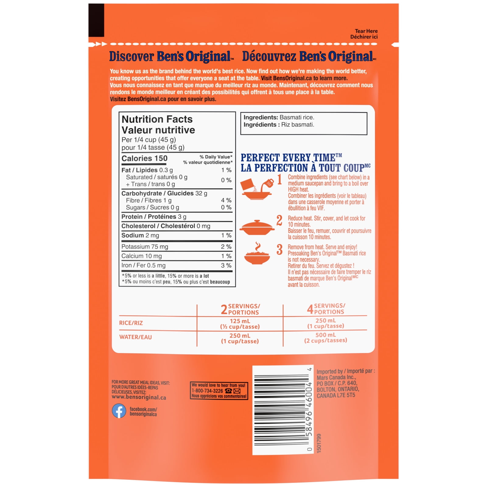 BEN'S ORIGINAL riz basmati, sac de 400 g La perfection à tout coupMC