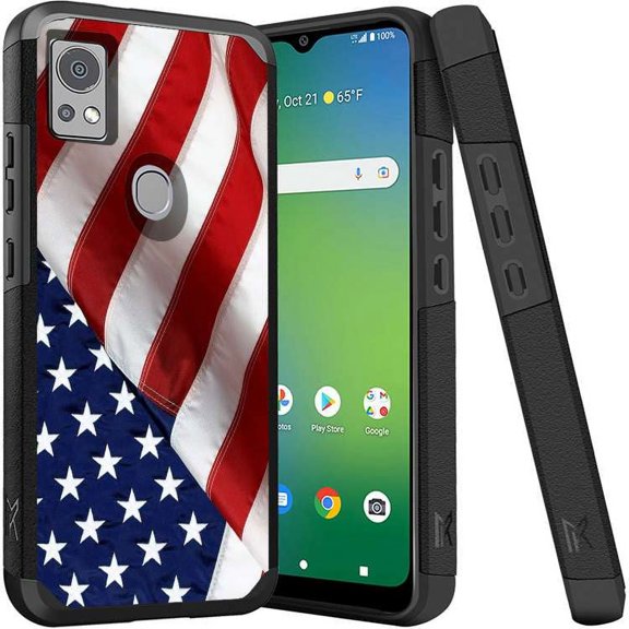 ANJ  Shockproof Dual Layer Slim Hard Case   Tempered Glass Cover Compatible with Icon 5, AT&T Motivate 4 - Waving American Flag