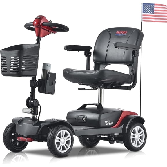 Metro Mobility 4-Wheel Electric Scooter - 300 lbs Capacity, Larger Legroom, Cup & Phone Holder, LED Lights- Red