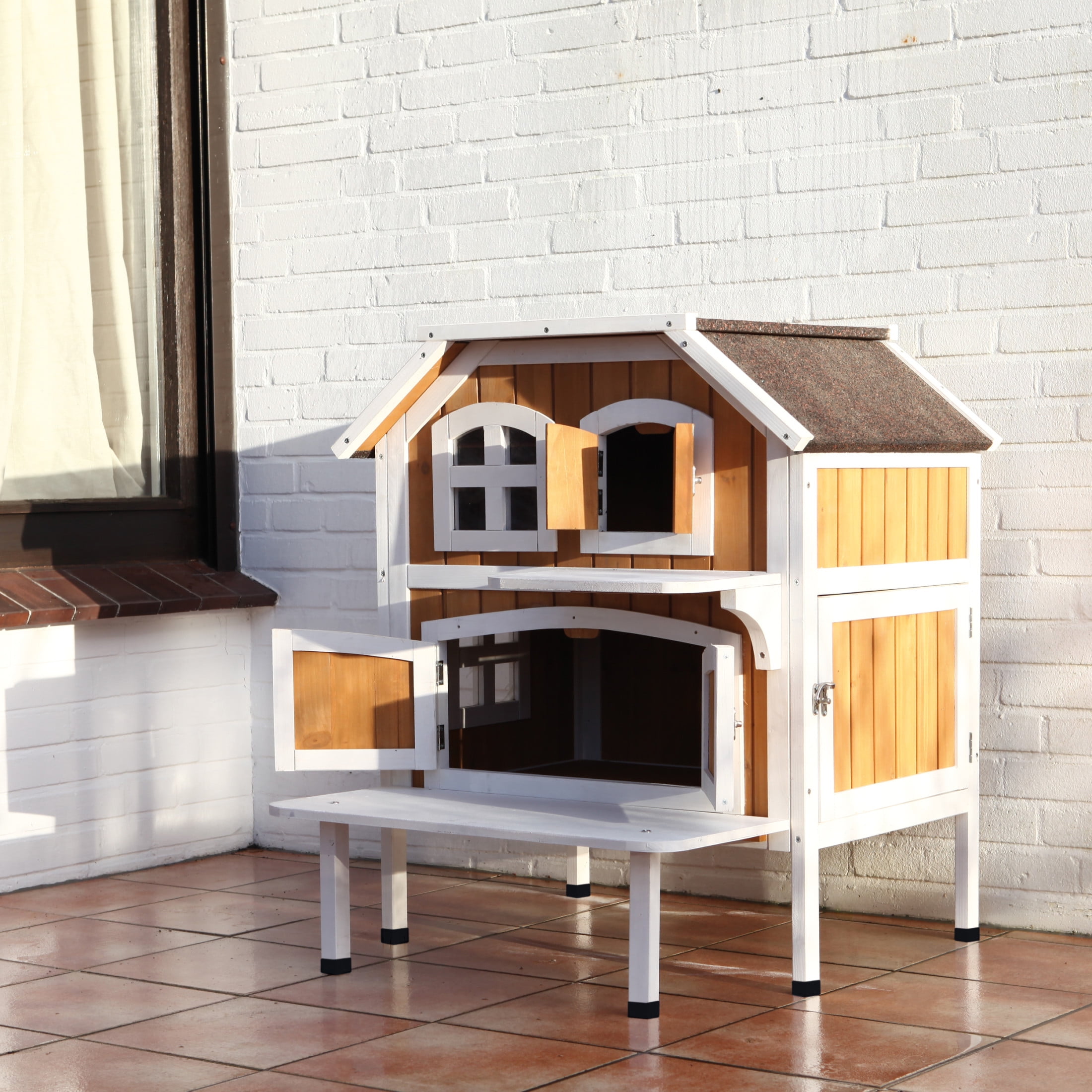 TRIXIE 2-Story Weatherproof Elevated Outdoor Cat Retreat with Balcony, Brown
