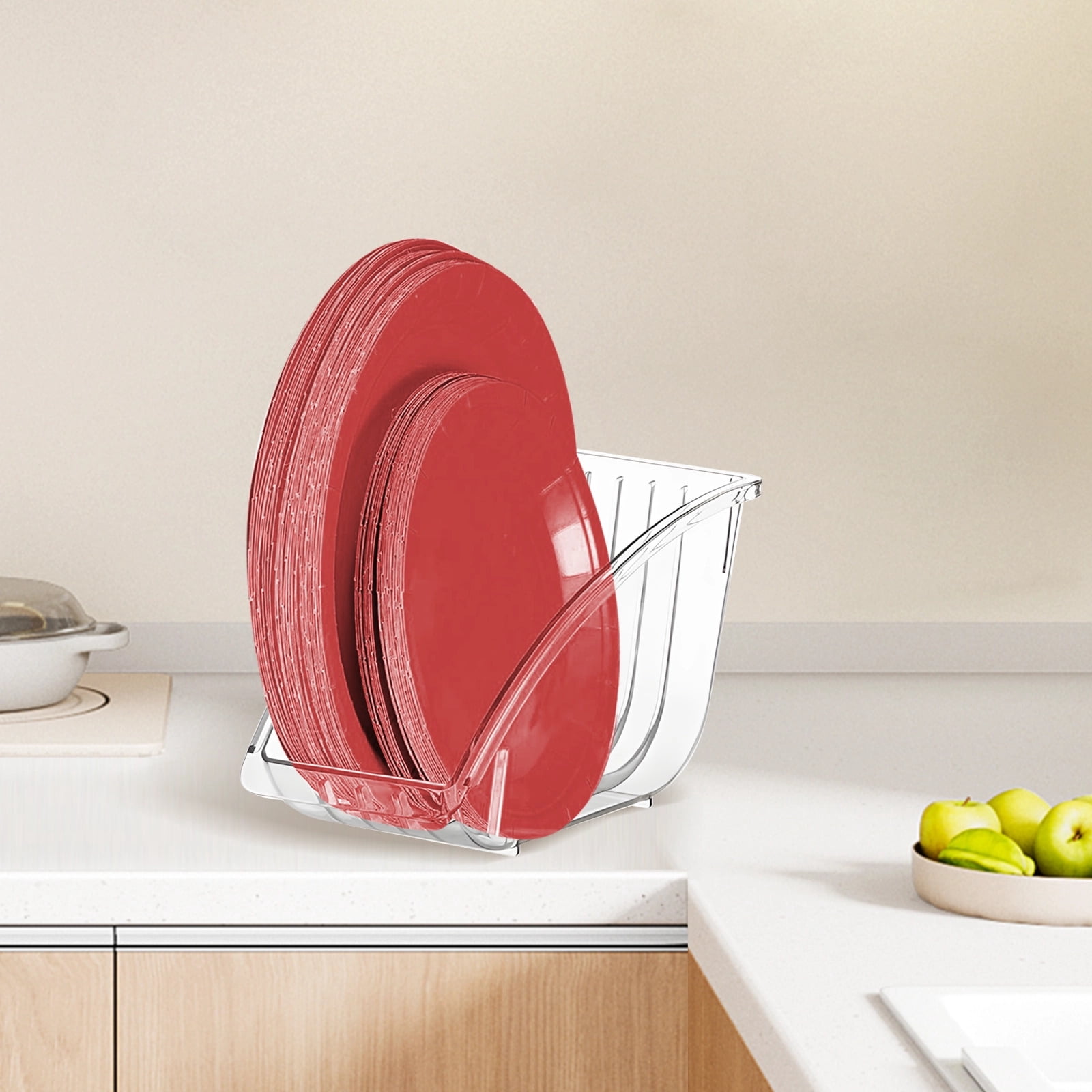 4 Pcs Clear Plate Holder Organizer, Vertical Paper Plate Storage Rack Plastic Dinner Dish Drainer,for Kitchen Countertop & Cabinet