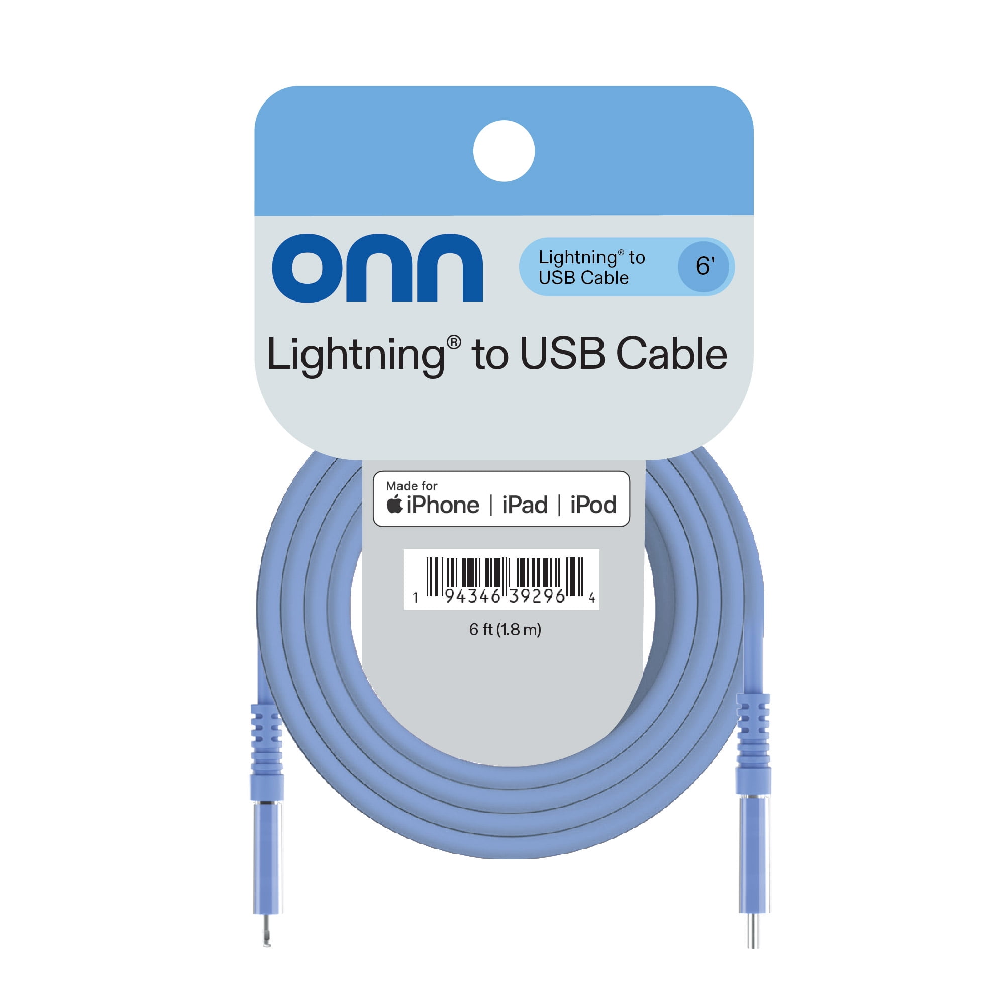 onn 6ft Lightning to USB Charging Cable, MFI Certified, Blue - Compatible with iPhone 14/13/12/11/X/XR/XS/8/7/6/5, iPad, Airpods and more