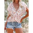 thumbnail image 2 of Blusa estampada con botones para mujer, manga corta, cuello en V, blusa informal con estampado elegante para el trabajo, fiesta diaria, 2 of 6