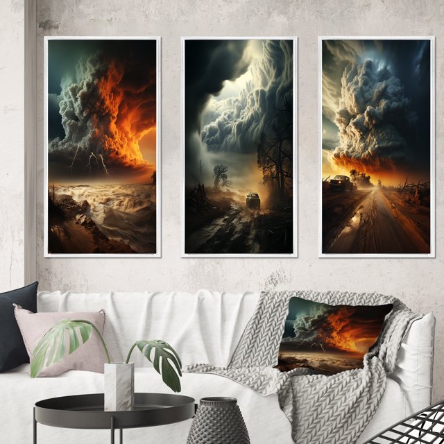 Designart "Storm Raging SPIRAL III" Nautical & Beach Framed Wall Art Set Of 3 - Grey Storms Frame Gallery Wall Set For Home Decor