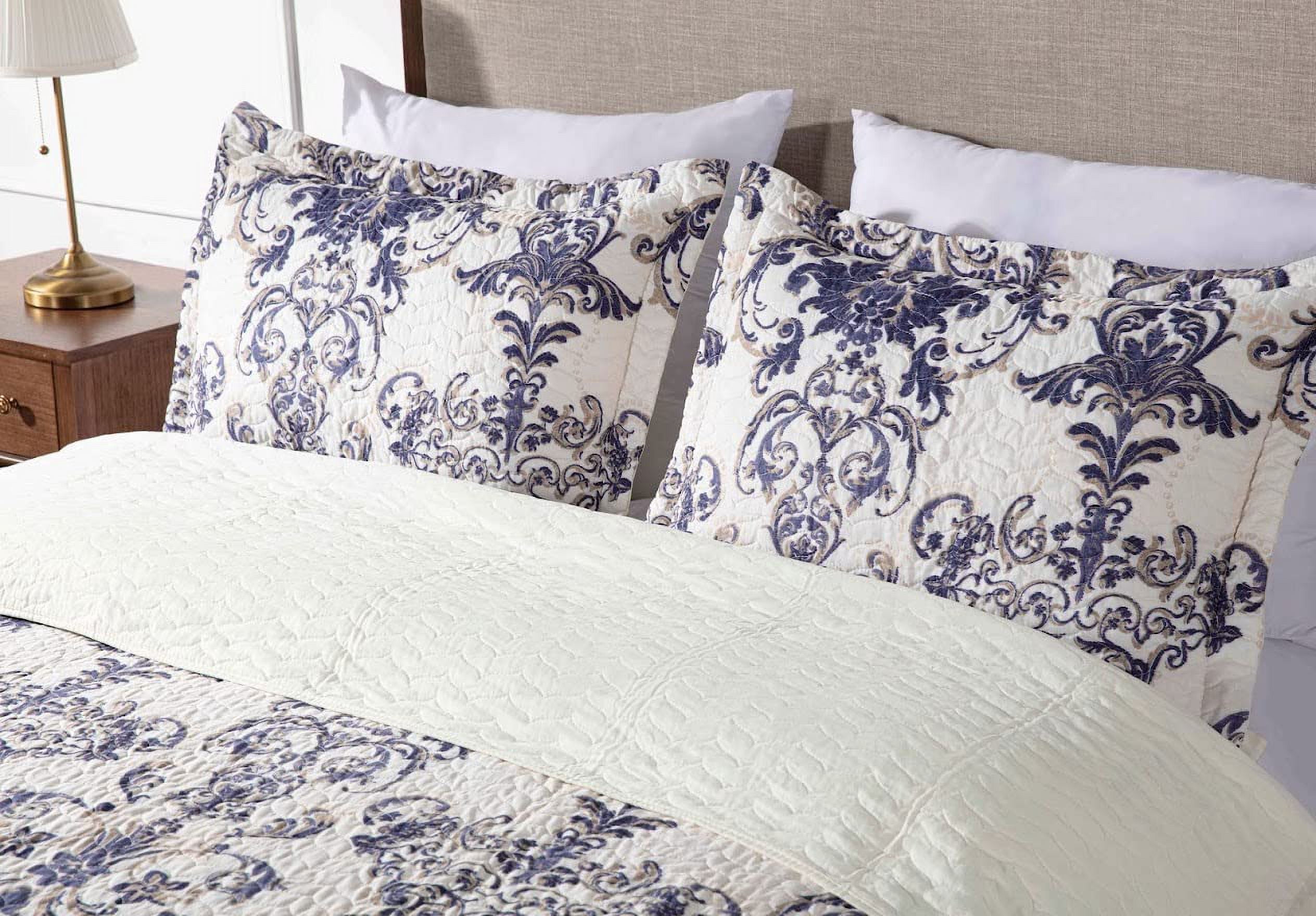 Chezmoi Collection Chloris 3-Piece Pre-Washed Medallion Quilt Set, Printed Floral Microfiber Navy Blue Taupe Light Ivory Bedspread, Queen