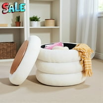 Tcbosik White Teddy Fleece Ottoman, 18.3" Round Footrest Stool with Hidden Compartment, Multi-Functional Storage Seat for Living Room, Bedroom & Entryway, 300 lbs Capacity