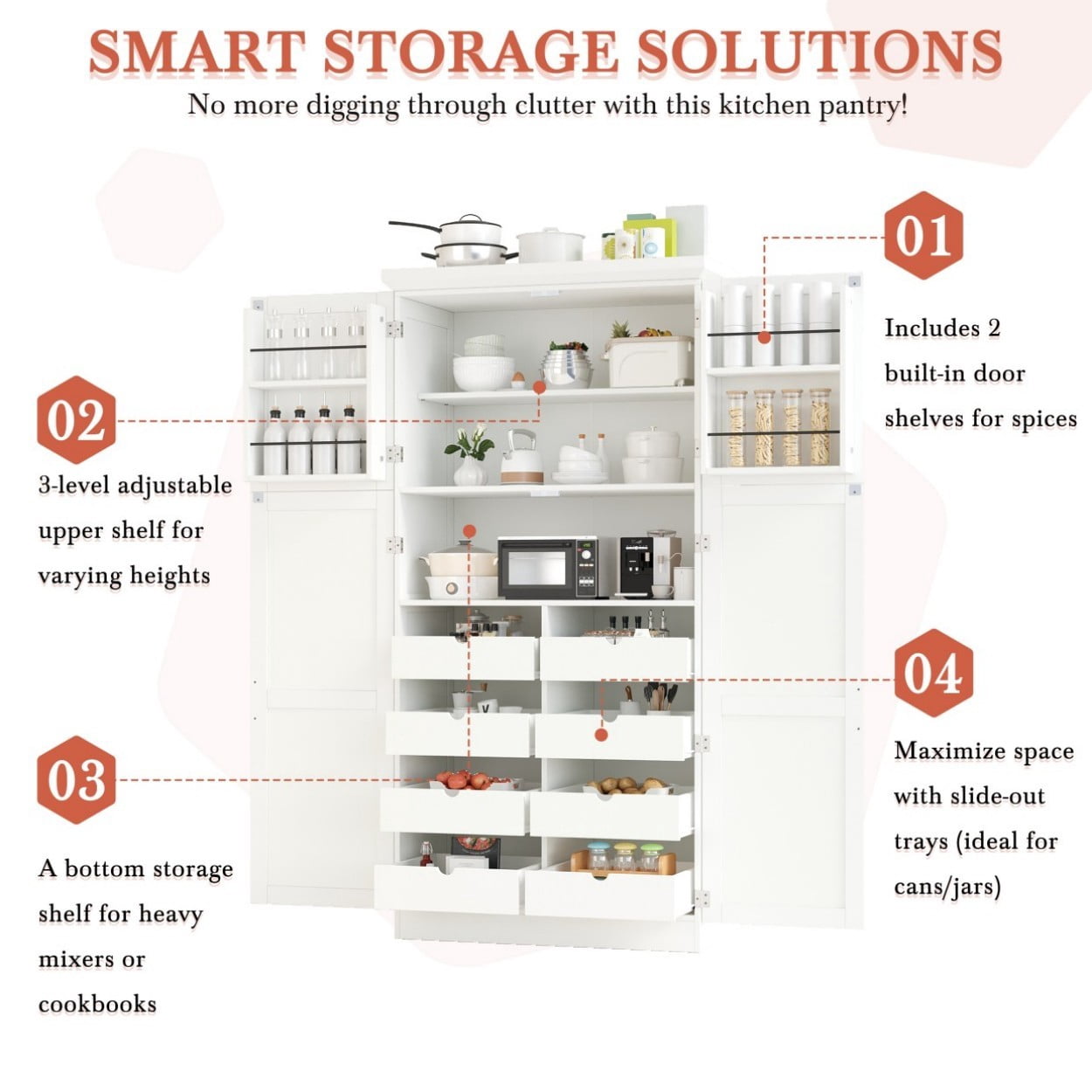 Freestanding Kitchen Pantry Cabinet, 35.5" Tall Storage Cabinet with 4 Doors, 8 Pull-Out Trays, Adjustable Shelves & Door Storage for Dining Room, White